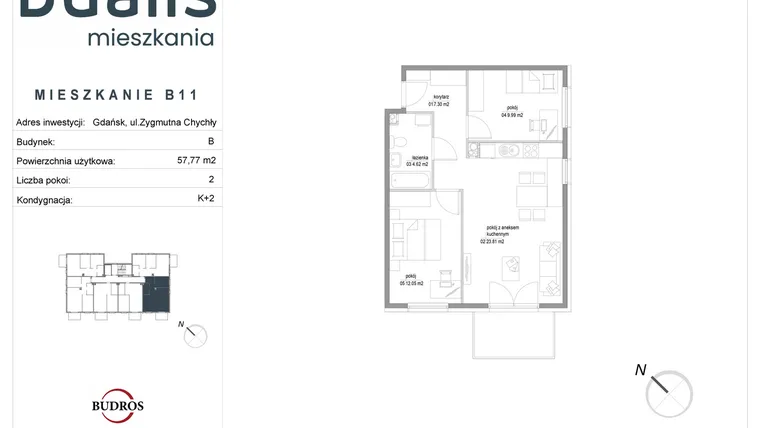 Rzut - Mieszkanie na sprzedaż 3 pokoje o powierzchni 57,77 m² - numer B11 w Dualis II