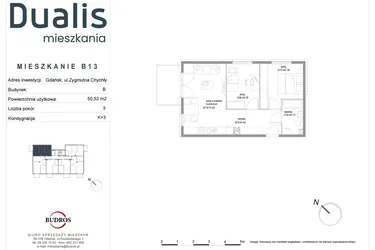 Rzut - Mieszkanie na sprzedaż 3 pokoje o powierzchni 50,53 m² - numer B13 w Dualis II