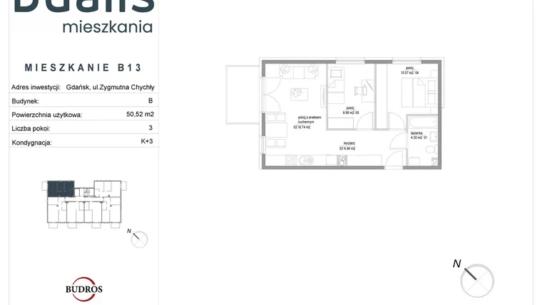 Rzut - Mieszkanie na sprzedaż 3 pokoje o powierzchni 50,53 m² - numer B13 w Dualis II
