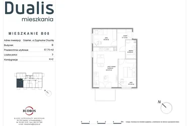 Rzut - Mieszkanie na sprzedaż 3 pokoje o powierzchni 57,75 m² - numer B08 w Dualis II