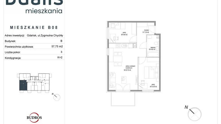 Rzut - Mieszkanie na sprzedaż 3 pokoje o powierzchni 57,75 m² - numer B08 w Dualis II