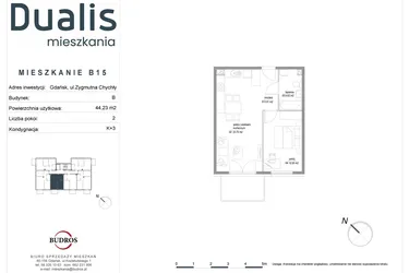 Rzut - Mieszkanie na sprzedaż 2 pokoje o powierzchni 44,23 m² - numer B15 w Dualis II