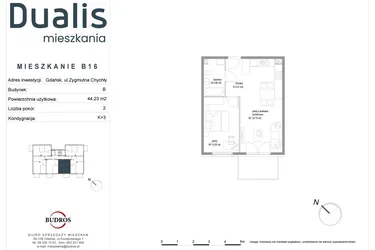 Rzut - Mieszkanie na sprzedaż 2 pokoje o powierzchni 44,23 m² - numer B16 w Dualis II