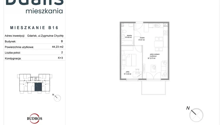 Rzut - Mieszkanie na sprzedaż 2 pokoje o powierzchni 44,23 m² - numer B16 w Dualis II