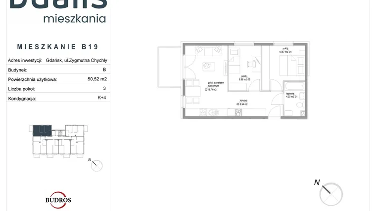 Rzut - Mieszkanie na sprzedaż 3 pokoje o powierzchni 50,53 m² - numer B19 w Dualis II