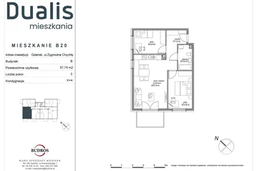Rzut - Mieszkanie na sprzedaż 3 pokoje o powierzchni 57,75 m² - numer B20 w Dualis II