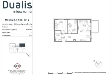 Rzut - Mieszkanie na sprzedaż 3 pokoje o powierzchni 50,53 m² - numer B12 w Dualis II