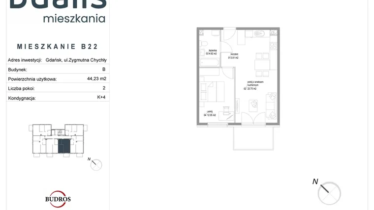 Rzut - Mieszkanie na sprzedaż 2 pokoje o powierzchni 44,23 m² - numer B22 w Dualis II