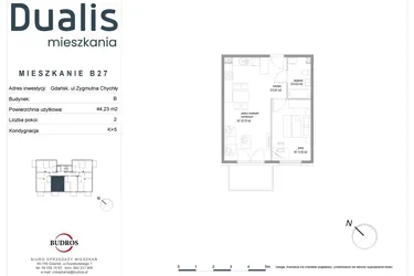 Rzut - Mieszkanie na sprzedaż 2 pokoje o powierzchni 44,23 m² - numer B27 w Dualis II