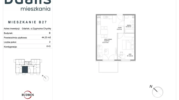 Rzut - Mieszkanie na sprzedaż 2 pokoje o powierzchni 44,23 m² - numer B27 w Dualis II