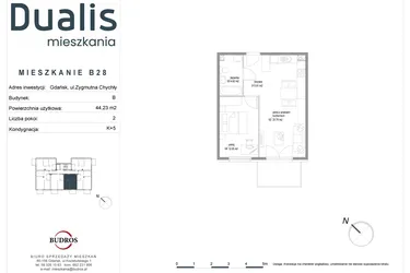 Rzut - Mieszkanie na sprzedaż 2 pokoje o powierzchni 44,23 m² - numer B28 w Dualis II