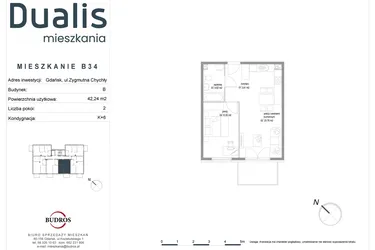 Rzut - Mieszkanie na sprzedaż 2 pokoje o powierzchni 44,24 m² - numer B34 w Dualis II