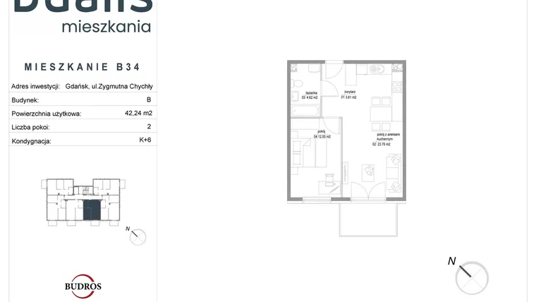 Rzut - Mieszkanie na sprzedaż 2 pokoje o powierzchni 44,24 m² - numer B34 w Dualis II