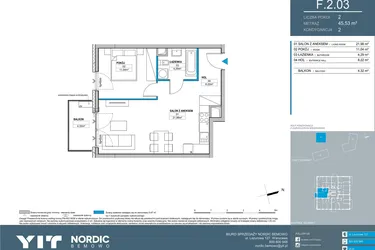 Rzut - Mieszkanie na sprzedaż 2 pokoje o powierzchni 45,53 m² - numer F.2.03 w Nordic Bemowo - etap V