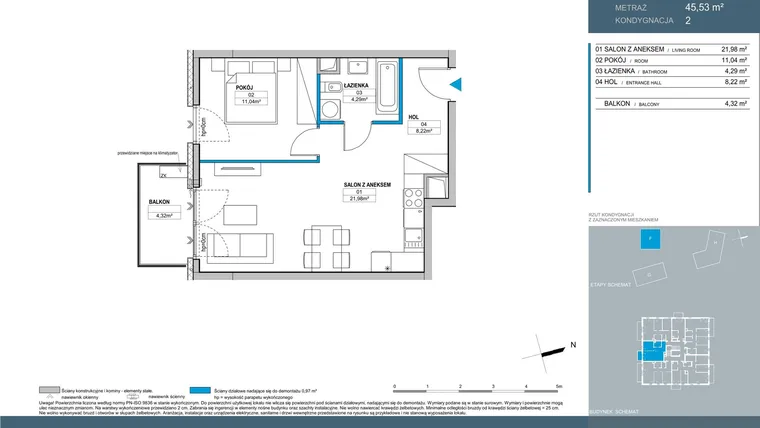 Rzut - Mieszkanie na sprzedaż 2 pokoje o powierzchni 45,53 m² - numer F.2.03 w Nordic Bemowo - etap V