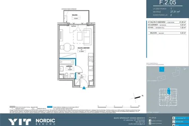 Rzut - Mieszkanie na sprzedaż 1 pokój o powierzchni 27,51 m² - numer F.2.05 w Nordic Bemowo - etap V