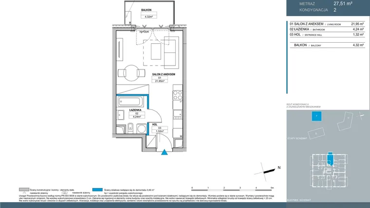 Rzut - Mieszkanie na sprzedaż 1 pokój o powierzchni 27,51 m² - numer F.2.05 w Nordic Bemowo - etap V
