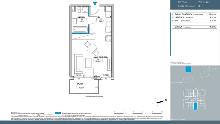 Rzut - Mieszkanie na sprzedaż 1 pokój o powierzchni 29,19 m² - numer F.3.02 w Nordic Bemowo - etap V