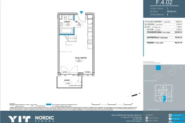 Rzut - Mieszkanie na sprzedaż 2 pokoje o powierzchni 44,37 m² - numer F.4.02 w Nordic Bemowo - etap V