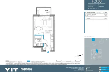 Rzut - Mieszkanie na sprzedaż 1 pokój o powierzchni 27,51 m² - numer F.3.06 w Nordic Bemowo - etap V