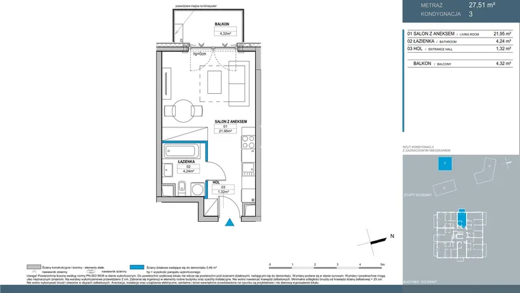 Rzut - Mieszkanie na sprzedaż 1 pokój o powierzchni 27,51 m² - numer F.3.06 w Nordic Bemowo - etap V