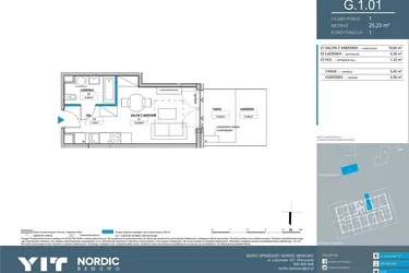 Rzut - Mieszkanie na sprzedaż 1 pokój o powierzchni 25,23 m² - numer G.1.01 w Nordic Bemowo - etap V