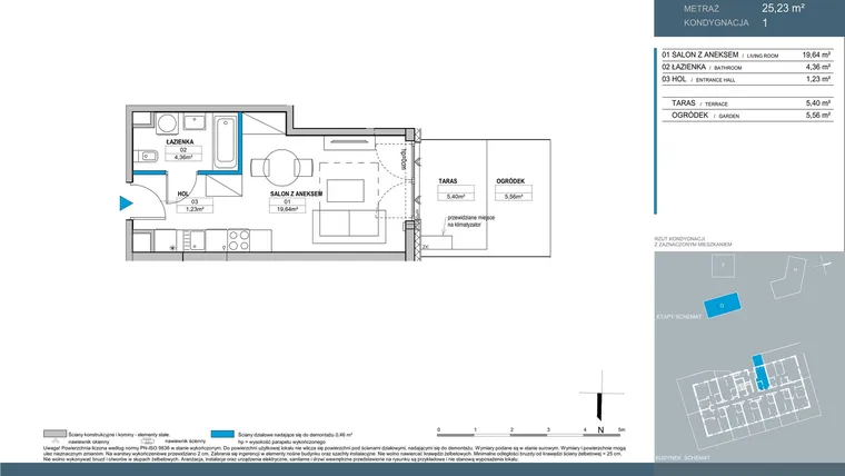 Rzut - Mieszkanie na sprzedaż 1 pokój o powierzchni 25,23 m² - numer G.1.01 w Nordic Bemowo - etap V