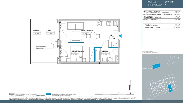 Rzut - Mieszkanie na sprzedaż 1 pokój o powierzchni 35,64 m² - numer G.1.04 w Nordic Bemowo - etap V