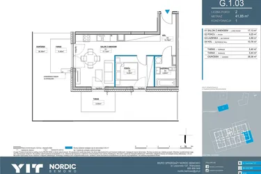 Rzut - Mieszkanie na sprzedaż 2 pokoje o powierzchni 41,85 m² - numer G.1.03 w Nordic Bemowo - etap V