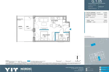 Rzut - Mieszkanie na sprzedaż 1 pokój o powierzchni 34,92 m² - numer G.1.05 w Nordic Bemowo - etap V