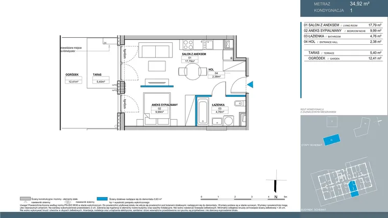 Rzut - Mieszkanie na sprzedaż 1 pokój o powierzchni 34,92 m² - numer G.1.05 w Nordic Bemowo - etap V