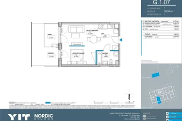 Rzut - Mieszkanie na sprzedaż 1 pokój o powierzchni 36,06 m² - numer G.1.07 w Nordic Bemowo - etap V