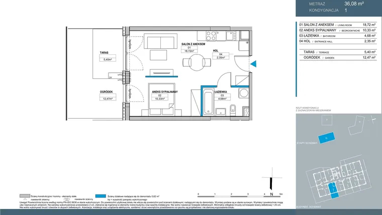 Rzut - Mieszkanie na sprzedaż 1 pokój o powierzchni 36,06 m² - numer G.1.07 w Nordic Bemowo - etap V