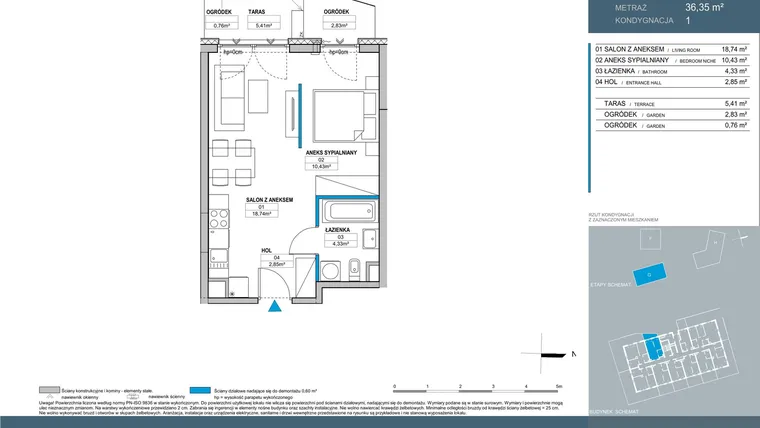Rzut - Mieszkanie na sprzedaż 1 pokój o powierzchni 36,35 m² - numer G.1.10 w Nordic Bemowo - etap V
