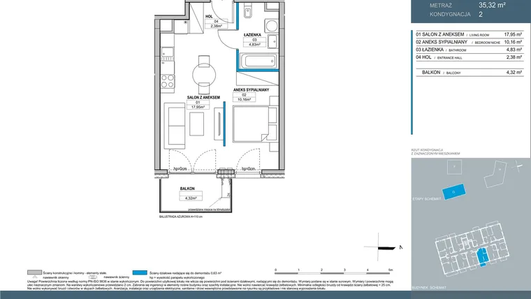 Rzut - Mieszkanie na sprzedaż 1 pokój o powierzchni 35,32 m² - numer G.2.05 w Nordic Bemowo - etap V