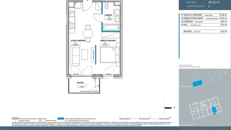Rzut - Mieszkanie na sprzedaż 1 pokój o powierzchni 36,03 m² - numer G.2.04 w Nordic Bemowo - etap V
