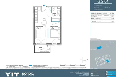 Rzut - Mieszkanie na sprzedaż 1 pokój o powierzchni 36,03 m² - numer G.2.04 w Nordic Bemowo - etap V