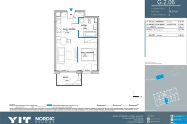 Rzut - Mieszkanie na sprzedaż 1 pokój o powierzchni 34,35 m² - numer G.2.06 w Nordic Bemowo - etap V