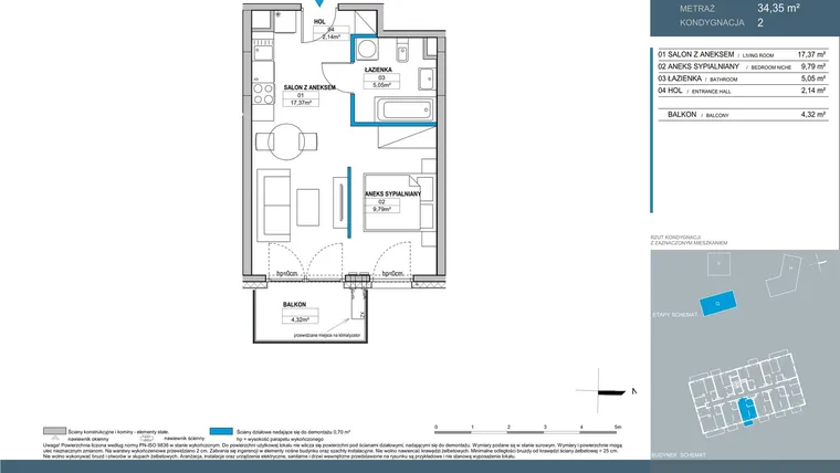 Rzut - Mieszkanie na sprzedaż 1 pokój o powierzchni 34,35 m² - numer G.2.06 w Nordic Bemowo - etap V