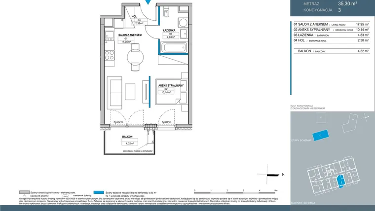 Rzut - Mieszkanie na sprzedaż 1 pokój o powierzchni 35,3 m² - numer G.3.05 w Nordic Bemowo - etap V