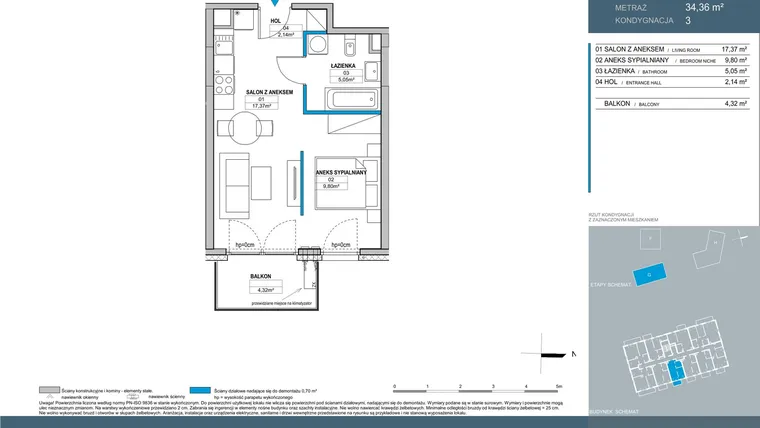Rzut - Mieszkanie na sprzedaż 1 pokój o powierzchni 34,36 m² - numer G.3.06 w Nordic Bemowo - etap V