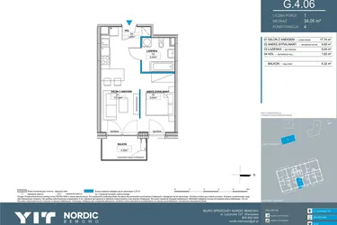 Rzut - Mieszkanie na sprzedaż 1 pokój o powierzchni 34,05 m² - numer G.4.06 w Nordic Bemowo - etap V