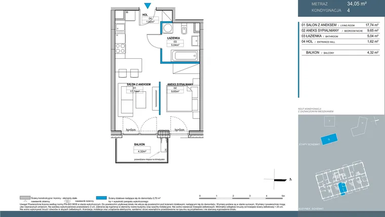 Rzut - Mieszkanie na sprzedaż 1 pokój o powierzchni 34,05 m² - numer G.4.06 w Nordic Bemowo - etap V