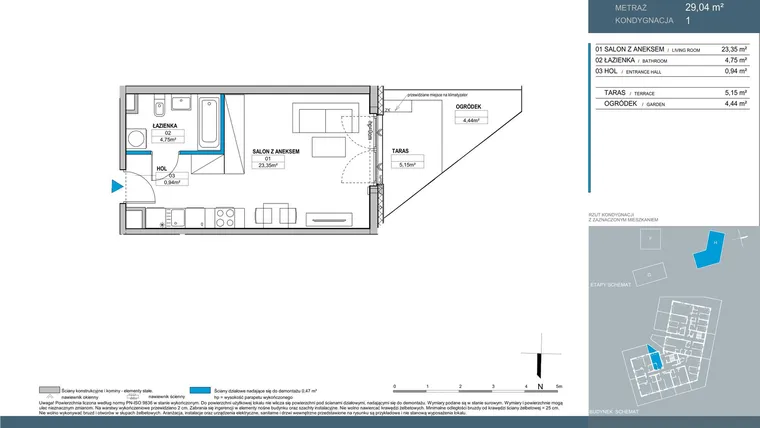 Rzut - Mieszkanie na sprzedaż 1 pokój o powierzchni 29,04 m² - numer H1.1.06 w Nordic Bemowo - etap V