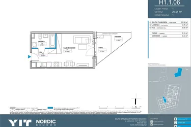 Rzut - Mieszkanie na sprzedaż 1 pokój o powierzchni 29,04 m² - numer H1.1.06 w Nordic Bemowo - etap V