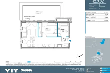 Rzut - Mieszkanie na sprzedaż 1 pokój o powierzchni 41,31 m² - numer H2.3.02 w Nordic Bemowo - etap V
