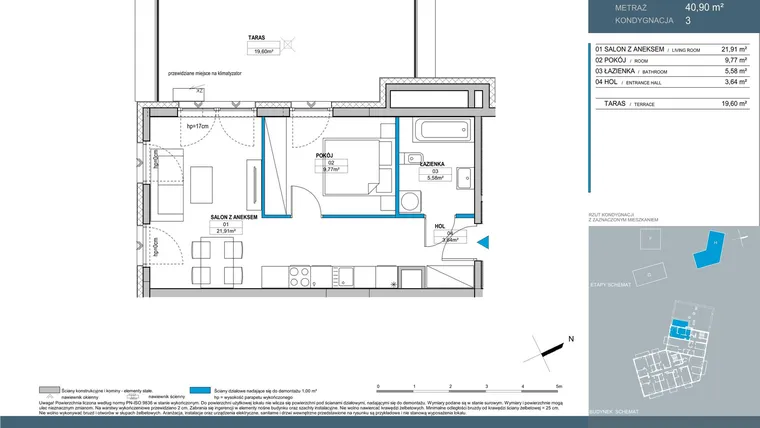 Rzut - Mieszkanie na sprzedaż 1 pokój o powierzchni 41,31 m² - numer H2.3.02 w Nordic Bemowo - etap V