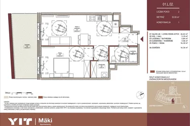 Rzut - Mieszkanie na sprzedaż 2 pokoje o powierzchni 53,93 m² - numer 01 L.02 w Mäki Apartamenty
