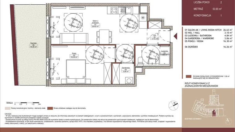 Rzut - Mieszkanie na sprzedaż 2 pokoje o powierzchni 53,93 m² - numer 01 L.02 w Mäki Apartamenty