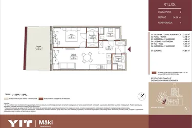 Rzut - Mieszkanie na sprzedaż 2 pokoje o powierzchni 54,31 m² - numer 01 L.05 w Mäki Apartamenty